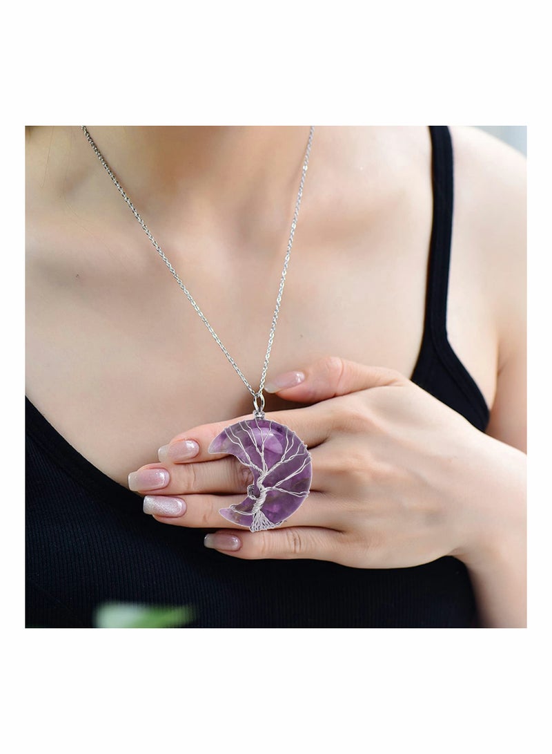 Luckam Amethyst Healing Crystal Stone Necklace Silver Wire Wrapped Crescent Moon Pendant Crystal Necklaces for Women Amethyst Jewellery Natural Quartz Crystal Reiki Gemstone Necklace Valentines Gift - Image 5