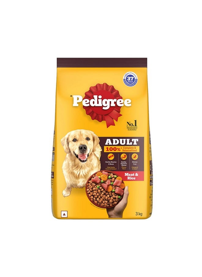 Pedigree Adult Dry Dog Food, Meat & Rice, 3 Kg, Contains 37 Essential Nutrients, 100% Complete & Balanced Food For Adult Dogs  - Image 1