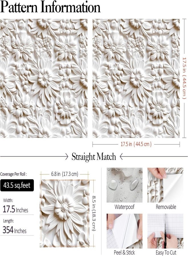 FunStick 17.5"x354" Cream White Peel and Stick Wallpaper Faux 3D Embossed Floral Wallpaper Self Adhesive Wallpapers for Bedroom Living Room Wall Panels White Floral Contact Paper for Walls Cabinets - Image 4