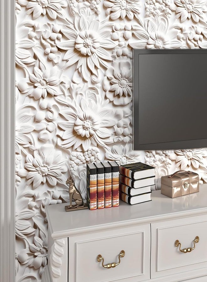 FunStick 17.5"x354" Cream White Peel and Stick Wallpaper Faux 3D Embossed Floral Wallpaper Self Adhesive Wallpapers for Bedroom Living Room Wall Panels White Floral Contact Paper for Walls Cabinets - Image 2
