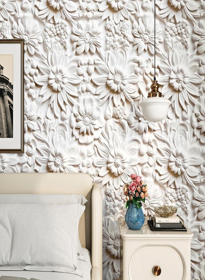 FunStick 17.5"x354" Cream White Peel and Stick Wallpaper Faux 3D Embossed Floral Wallpaper Self Adhesive Wallpapers for Bedroom Living Room Wall Panels White Floral Contact Paper for Walls Cabinets - Image 3