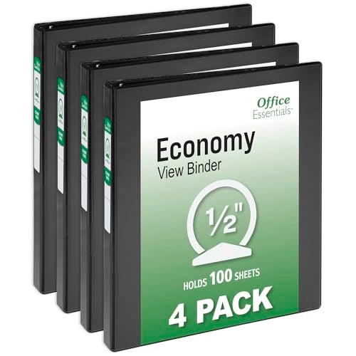 Office Essentials Economy View 3 Ring Binders, 0.5" Round Rings, 0.7" Spine, 100-Sheet Capacity, Black Binders (4-Pack of 03125) - Image 1