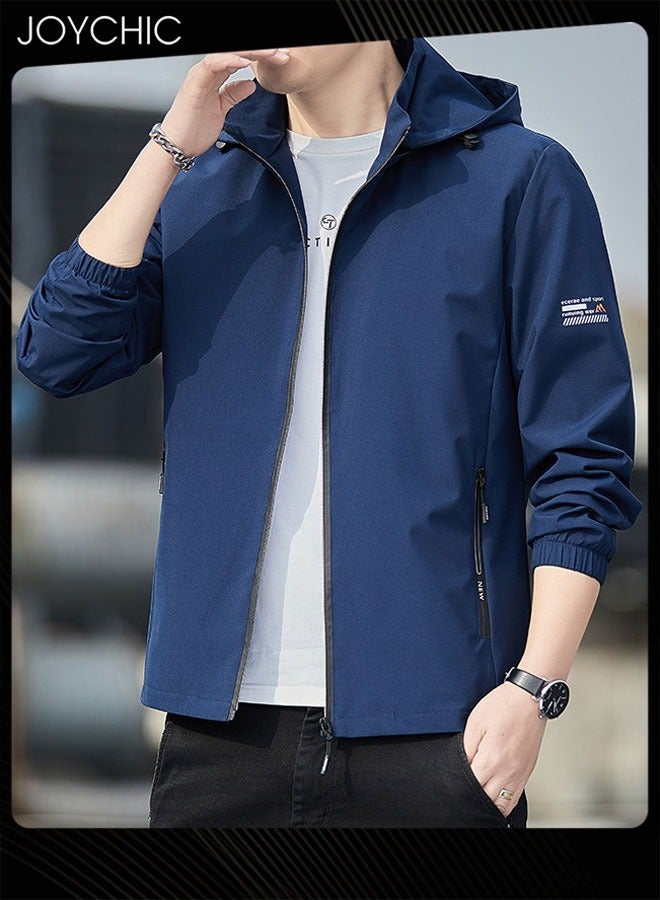 Joychic جاكيت رجالي بغطاء رأس بتصميم صلب لفصلي الربيع والخريف، سترة رياضية غير قابلة للرياح بسحاب مع قبعة للخارجية - Image 1