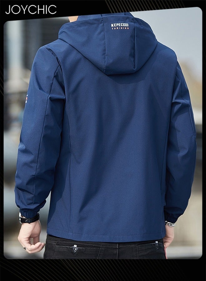 Joychic جاكيت رجالي بغطاء رأس بتصميم صلب لفصلي الربيع والخريف، سترة رياضية غير قابلة للرياح بسحاب مع قبعة للخارجية - Image 3
