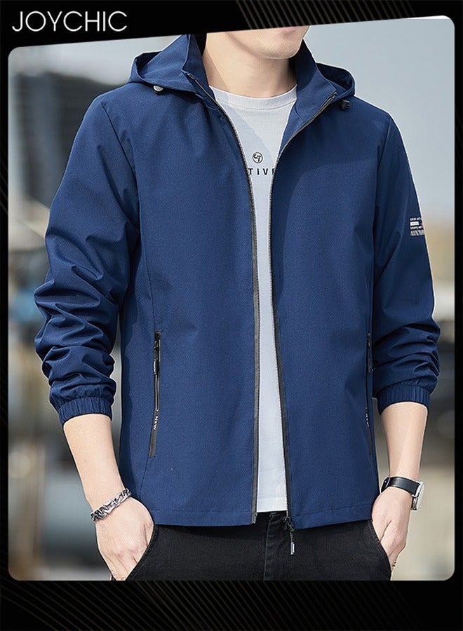 Joychic جاكيت رجالي بغطاء رأس بتصميم صلب لفصلي الربيع والخريف، سترة رياضية غير قابلة للرياح بسحاب مع قبعة للخارجية - Image 2