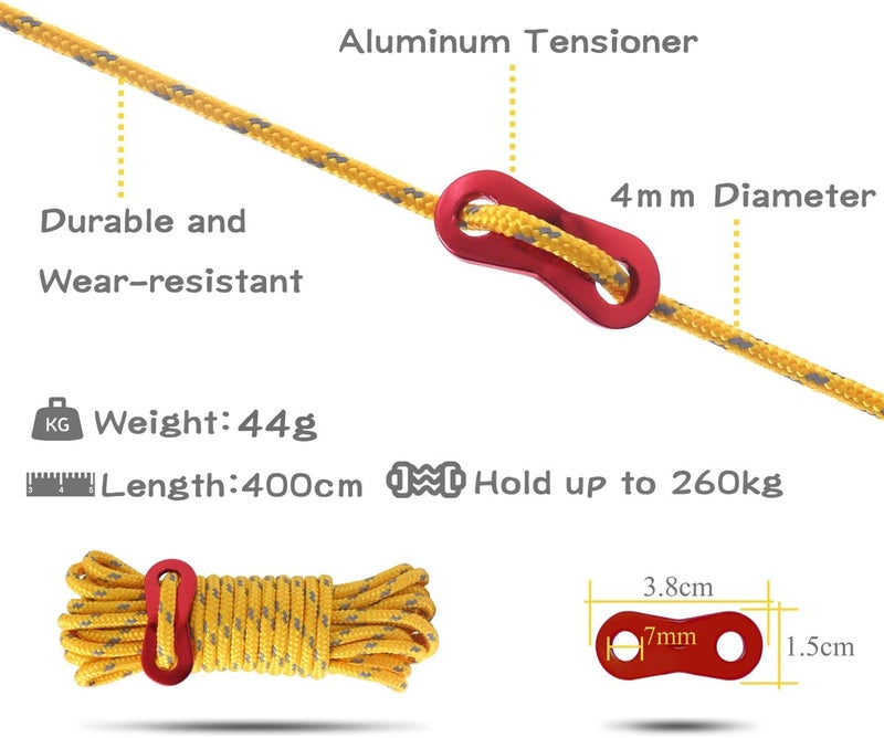HIKEMAN 6 Pack 4mm Outdoor Guy Lines Tent Cords Lightweight Camping Rope with Aluminum Guylines Adjuster Tensioner Pouch for Tent Tarp, Canopy Shelter, Camping, Hiking, Backpacking - Image 2