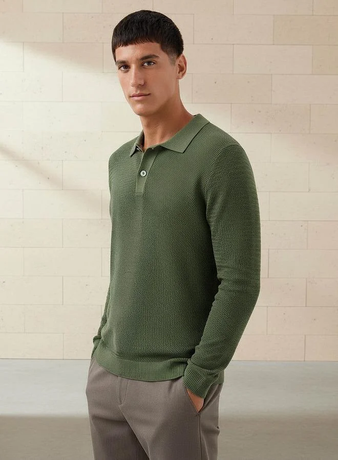 Men Long Sleeves Knit Textured Polo T shirt
