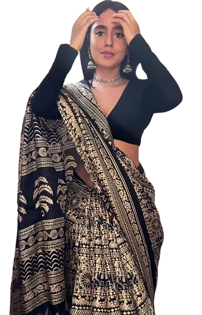 Ethnic Junction Women's Art Silk Cotton Kalamkari Print Saree With Blouse Piece, Jet Black & Beige, One Size