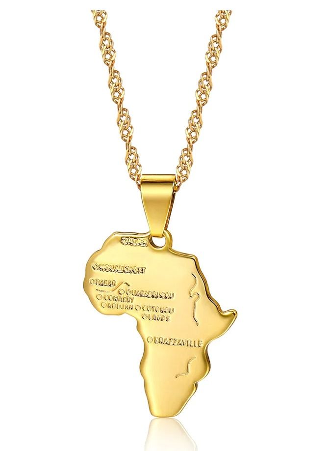 Africa Map Pendant and Letter Carved Design Map of Africa Shaped 18k Gold Plated Necklace, African gift for her, UNISEX African Pendant Gift - Image 1