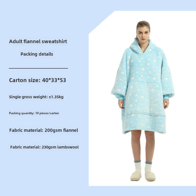 Oversized Hoodie Blanket Flannel Couples Loungewear Blue luminous-adult double layer 