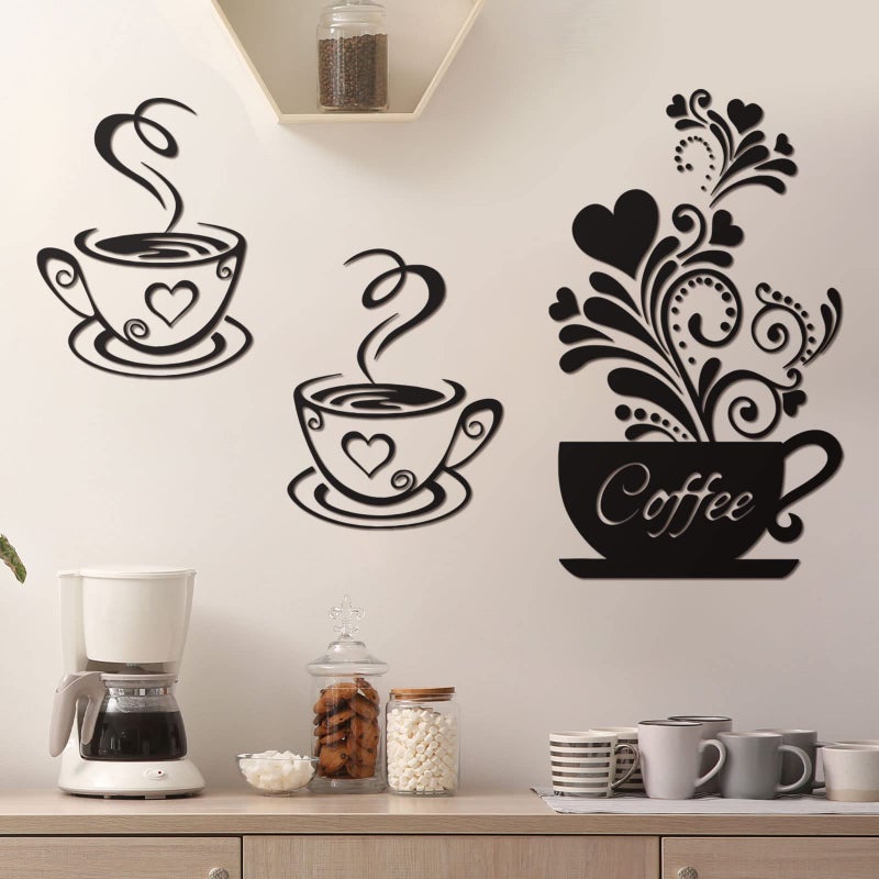 Chinco Kitchen Wall Decor Sticker Coffee Tea Cup Flower Art Wall Sticker Black Coffee Cup Art Stickers Removable DIY Vinyl Decor Station Decorations for Kitchen Shop Cafe Pub