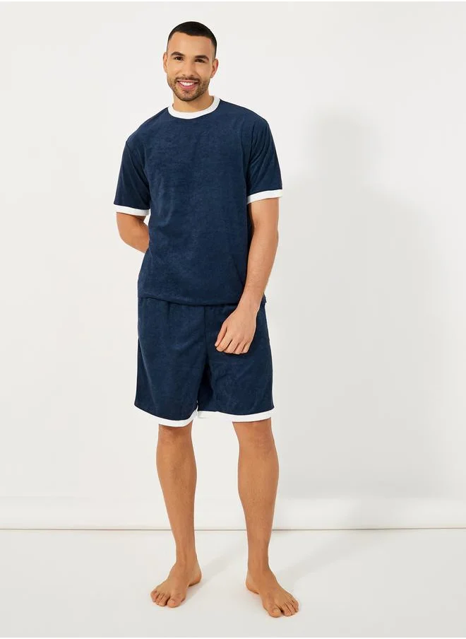 Styli Towel Knit T-Shirt & Contrast Trim Shorts Set