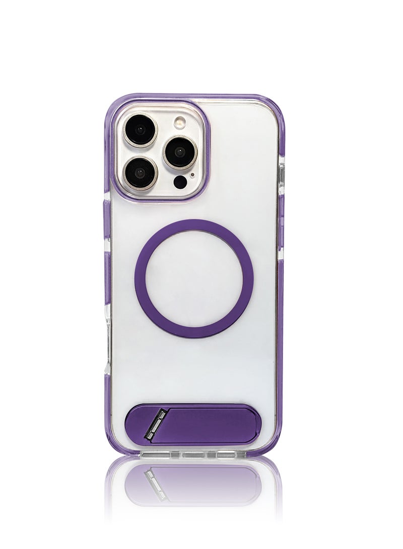 Luxury TPU PC Crystal clear Magnetic Phone case With Holder Stand for iPhone 16 Pro Max case With Metal Stand - Purple - Image 1