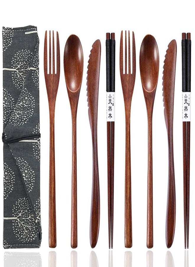 Busnos Reusable Wooden Utensils for Eating 8 Pcs Travel Wooden Spoons Forks Chopsticks Cutlery Set with Case Lunch Utensils Silverware Set for Lunch Portable Wood Flatware Set for Eating - Image 1