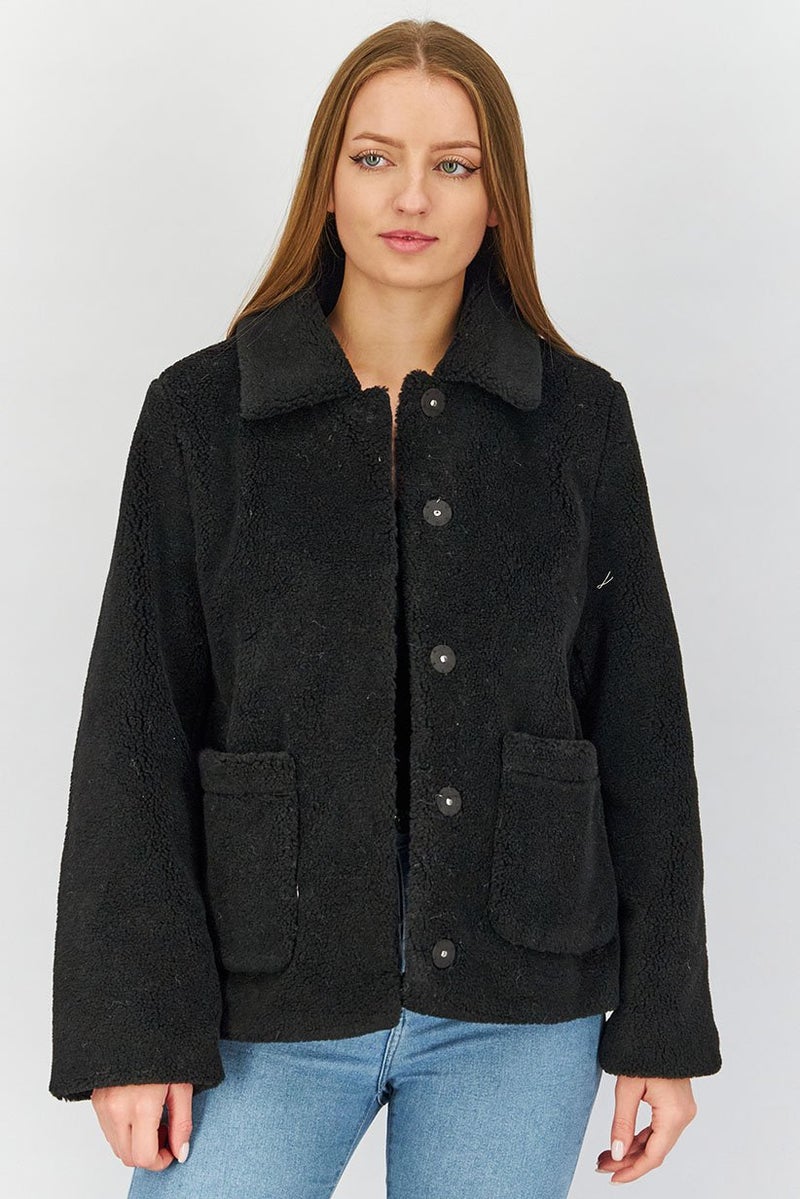 Rebecca Minkoff جاكيت نسائي من الفرو الصناعي بأكمام طويلة، أسود - Image 1