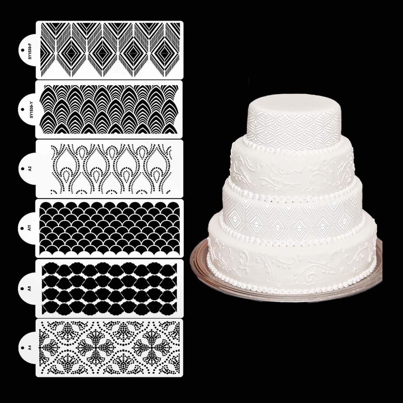 FVVMEED 6 Pieces Wedding Cake Stencil Cake Side Decorating Templates Powdered Sugar Sieve Template Cupcake Decor Flower Edge Molding, Lace Decoration Stencils Food Grade Plastic Mold Baking Tool - Image 1