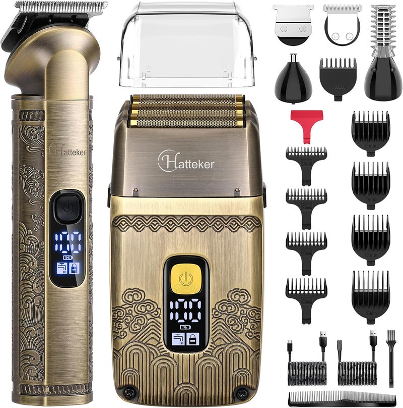 Hatteker Mens Beard Trimmer Professional Hair Clipper Set Electric Hair Shaver Razor Trimmer for Body Nose Ear Hair Grooming Kit Foil Shavers with Triple Blades Cordless Waterproof