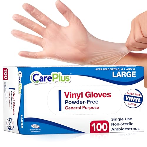CARE PLUS Vinyl Gloves Clear Large Size 100 Count Heavy Duty NonSterile PowderFree LatexFree Rubber Food Prep Kitchen Cleaning Gloves Ideal for Professional Use