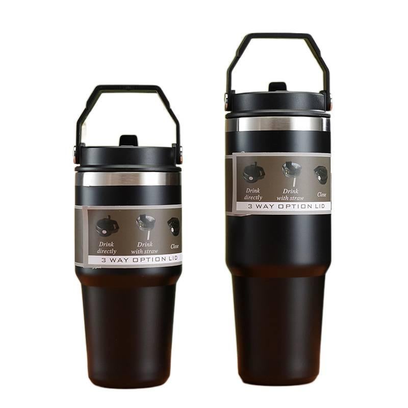 كوب قهوة للسفر بغطاء بشفاط من ستانلس ستيل وجدار مزدوج، أسود، 600 ml، مناسب للتنقل مع غطاء بقشة من الستانلس ستيل باللون الأسود للتخزين العملي للمدرسة للاستخدام العملي - Image 1