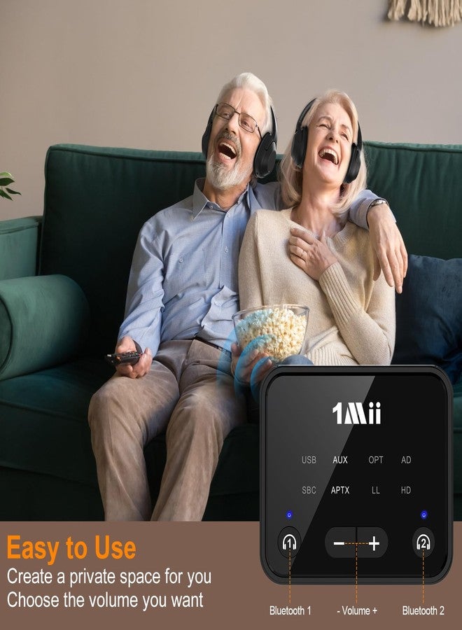 1مي جهاز إرسال بلوتوث 5.3 من 1Mii للتلفزيون إلى سماعتين لاسلكيتين، محول بلوتوث طويل المدى يصل مداه إلى 100 قدم للتلفزيون بتقنية aptX منخفضة التأخير ودقة عالية/التحكم في مستوى الصوت، مدخلات صوت بصرية/USB/AUX/RCA - Image 3