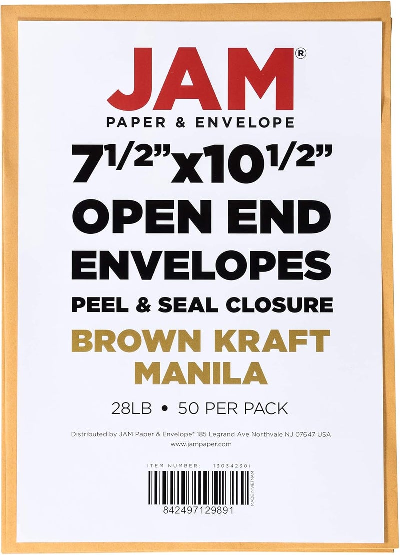 JAM Paper 7 1/2 x 10 1/2 Open End Catalog Envelopes with Peel and Seal Closure - Brown Kraft Manila - 50/Pack - Image 3