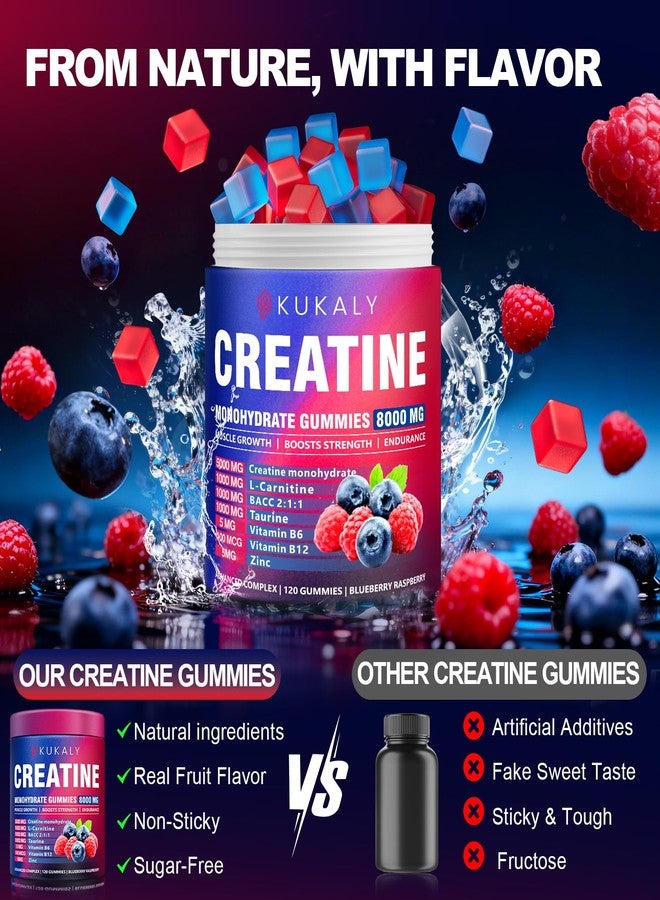 kukaly Creatine Monohydrate Gummies for Men & Women, 8500MG Creatine Gummies Sugar Free Mixed Flavored with L-Taurine, BCAA 2:1, B12 B6 for Boost Strength, Focus & Endurance, Vegan, Non-GMO, 120pcs - Image 3