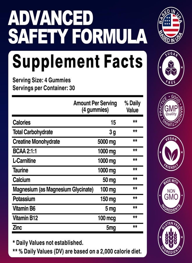 kukaly Creatine Monohydrate Gummies for Men & Women, 8500MG Creatine Gummies Sugar Free Mixed Flavored with L-Taurine, BCAA 2:1, B12 B6 for Boost Strength, Focus & Endurance, Vegan, Non-GMO, 120pcs - Image 4