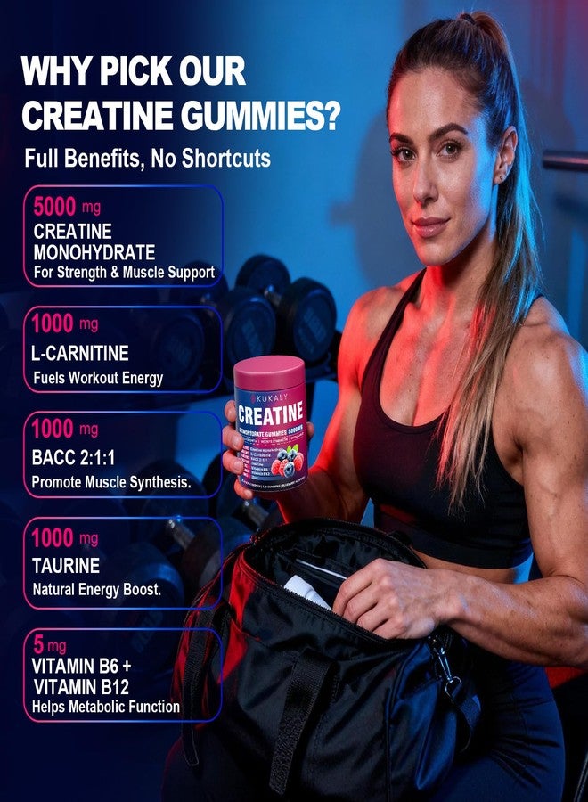 kukaly Creatine Monohydrate Gummies for Men & Women, 8500MG Creatine Gummies Sugar Free Mixed Flavored with L-Taurine, BCAA 2:1, B12 B6 for Boost Strength, Focus & Endurance, Vegan, Non-GMO, 120pcs - Image 2