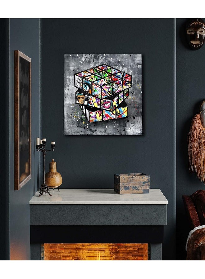 SIXTTART Banksy Canvas Wall-Art for Bedroom - Street Graffiti Wall Art - Abstract Painting Pop Art Wall Decor Modern Home Office Decor 14" W x 14" H Stretched and Framed Ready to Hang - Image 2