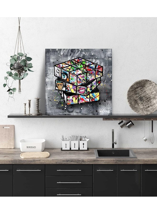 SIXTTART Banksy Canvas Wall-Art for Bedroom - Street Graffiti Wall Art - Abstract Painting Pop Art Wall Decor Modern Home Office Decor 14" W x 14" H Stretched and Framed Ready to Hang - Image 3