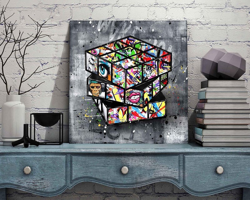 SIXTTART Banksy Canvas Wall-Art for Bedroom - Street Graffiti Wall Art - Abstract Painting Pop Art Wall Decor Modern Home Office Decor 14" W x 14" H Stretched and Framed Ready to Hang - Image 5