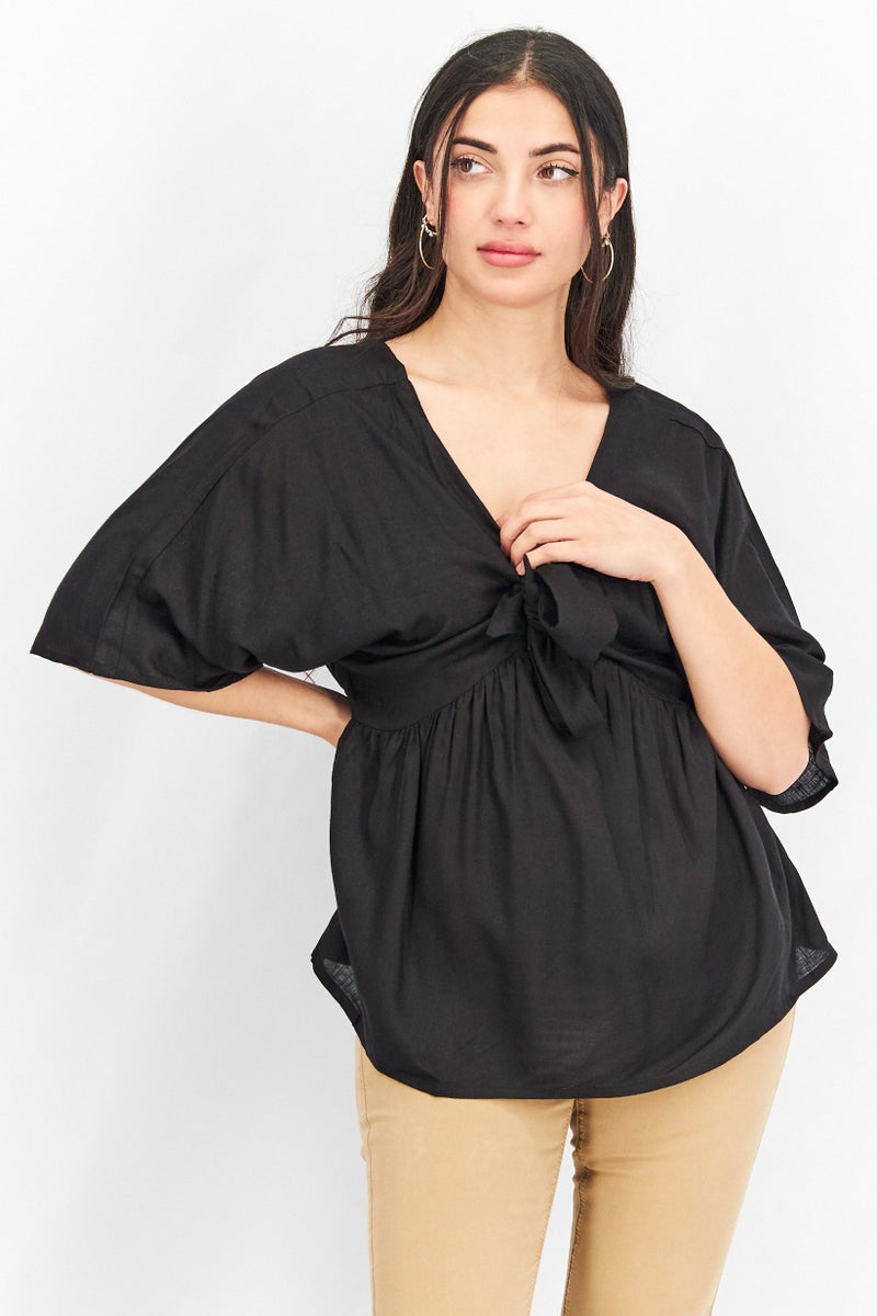 Asos Design Women Tie Neck Short Sleeve Solid Print Kimono Top, Black  - Image 1