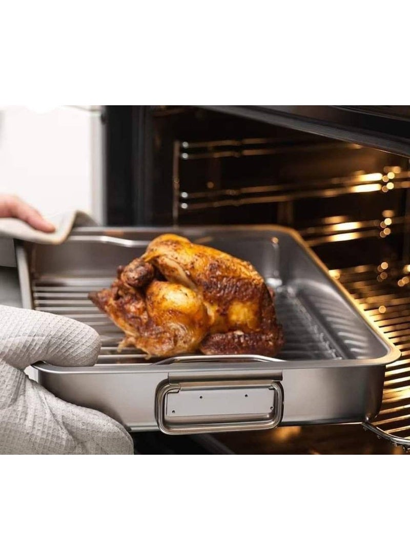 صينية فرن (صينية الشيفات) استانلس ستيل ثقيل (40 × 32 سم)، مع شبكة شواء متحركة ومقابض قابلة للطي - Image 4