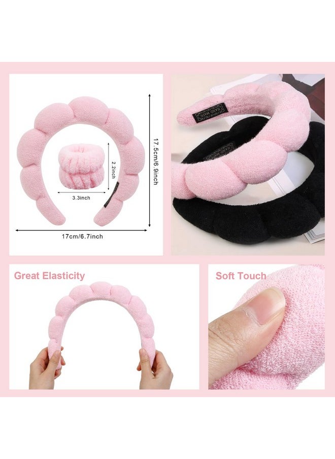 Huachi - Spa Headbands For Washing Face Makeup Headband, Set Of 4 Puffy Terry Cloth Women Girls Skincare Headband And Wrist Band Bubble Sponge Face Wash Hair Accessories (Pink & Black) - Image 1