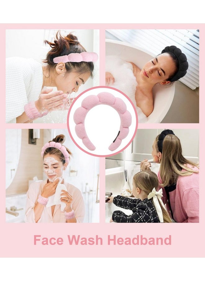 Huachi - Spa Headbands For Washing Face Makeup Headband, Set Of 4 Puffy Terry Cloth Women Girls Skincare Headband And Wrist Band Bubble Sponge Face Wash Hair Accessories (Pink & Black) - Image 1