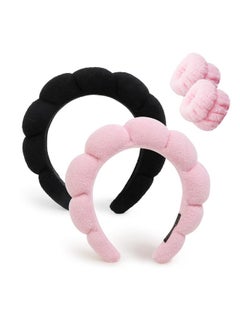 Spa Headbands For Washing Face Makeup Headband, Set Of 4 Puffy Terry Cloth Women Girls Skincare Headband And Wrist Band Bubble Sponge Face Wash Hair Accessories (Pink & Black)