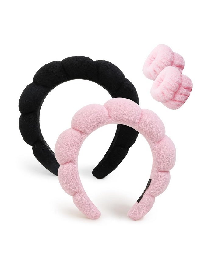 Huachi - Spa Headbands For Washing Face Makeup Headband, Set Of 4 Puffy Terry Cloth Women Girls Skincare Headband And Wrist Band Bubble Sponge Face Wash Hair Accessories (Pink & Black) - Image 1