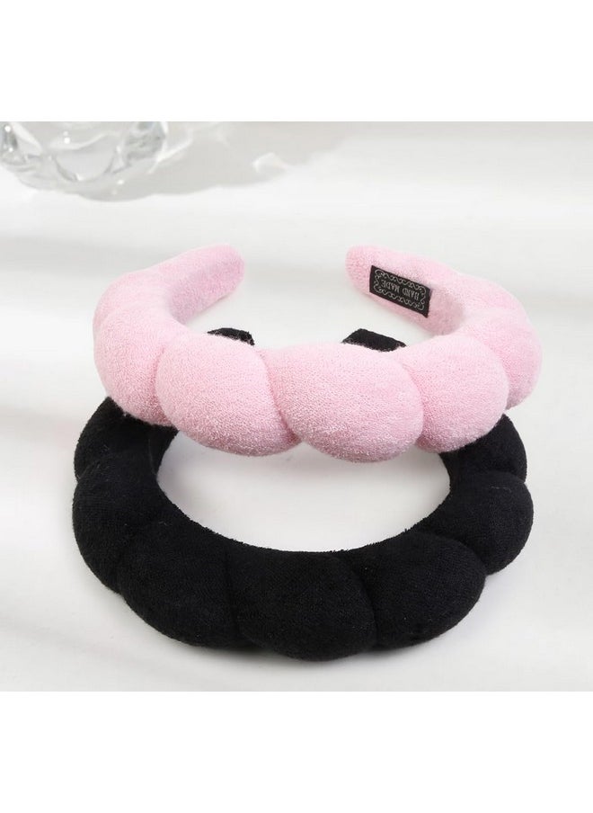 Huachi - Spa Headbands For Washing Face Makeup Headband, Set Of 4 Puffy Terry Cloth Women Girls Skincare Headband And Wrist Band Bubble Sponge Face Wash Hair Accessories (Pink & Black) - Image 1