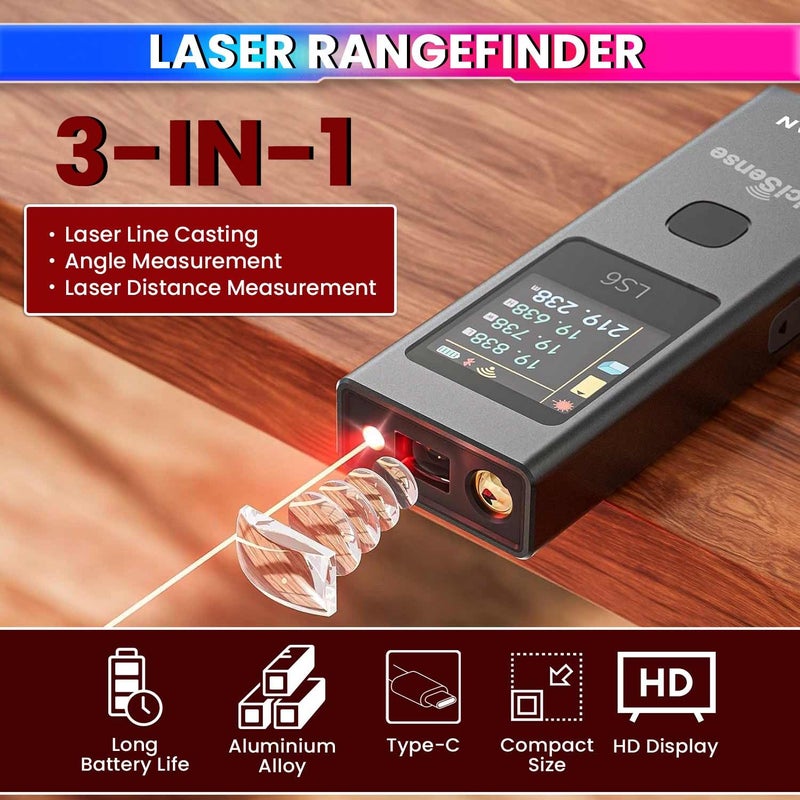 amiciSense مقياس المسافة بالليزر 3 في 1 – 19 وضعًا لقياس المسافة والمساحة والحجم، قابل للشحن عبر Type-C مع إيقاف تلقائي وشاشة ملونة - Image 2