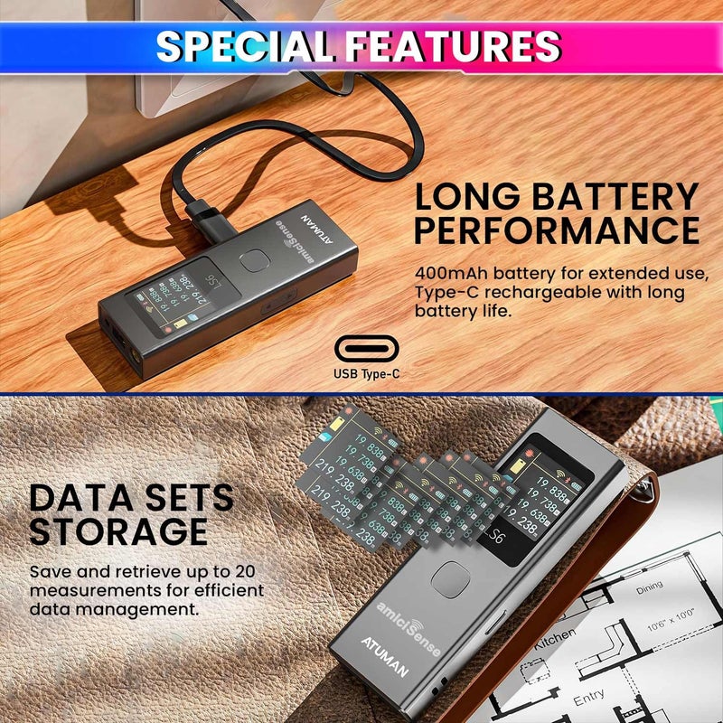 amiciSense مقياس المسافة بالليزر 3 في 1 – 19 وضعًا لقياس المسافة والمساحة والحجم، قابل للشحن عبر Type-C مع إيقاف تلقائي وشاشة ملونة - Image 5