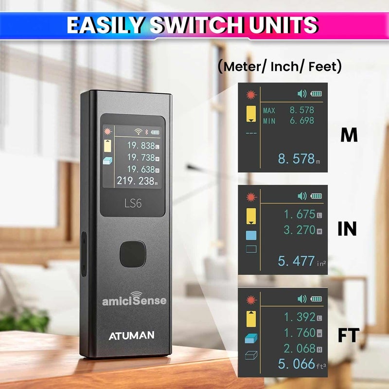 amiciSense مقياس المسافة بالليزر 3 في 1 – 19 وضعًا لقياس المسافة والمساحة والحجم، قابل للشحن عبر Type-C مع إيقاف تلقائي وشاشة ملونة - Image 3