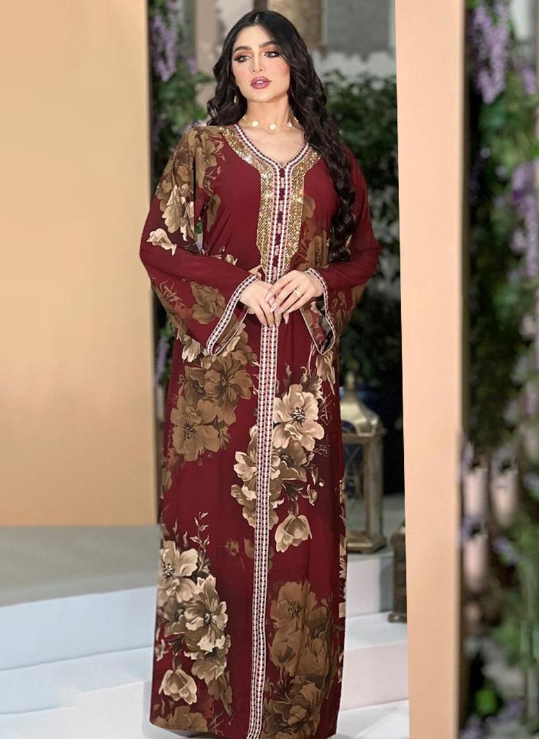 فرايديين لطيف طوق على شكل V اللون الصامد حزام كم منتظم عباية احمر - Image 1