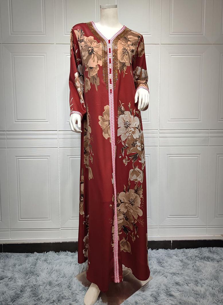 فرايديين لطيف طوق على شكل V اللون الصامد حزام كم منتظم عباية احمر - Image 5