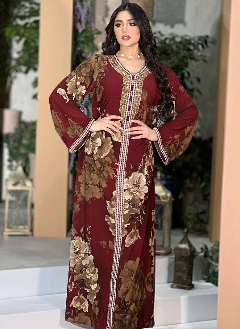 فرايديين لطيف طوق على شكل V اللون الصامد حزام كم منتظم عباية احمر - Image 3