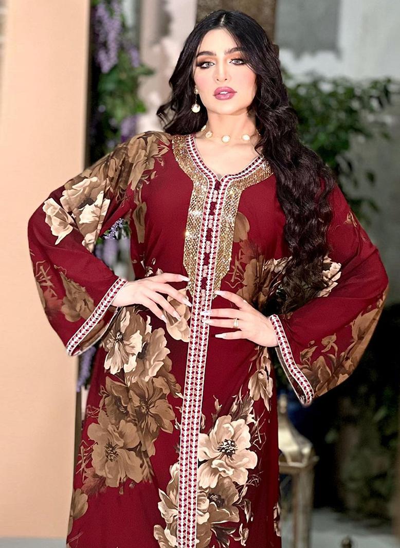 فرايديين لطيف طوق على شكل V اللون الصامد حزام كم منتظم عباية احمر - Image 4