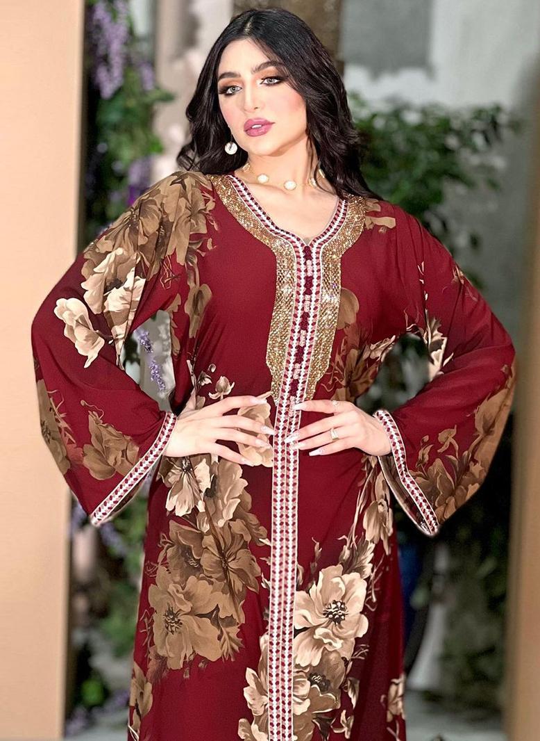 فرايديين لطيف طوق على شكل V اللون الصامد حزام كم منتظم عباية احمر - Image 2