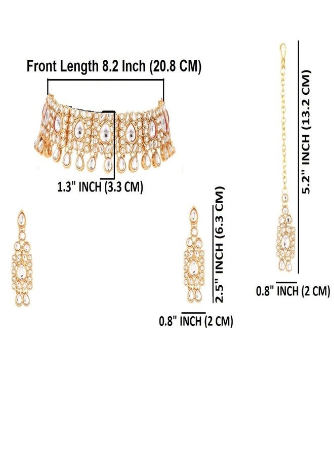 Efulgenz Kundan Set Indian Jewelry Sets for Women Bollywood Jewelry Kundan Choker Necklace Dangle Earrings Maang Tikka Head Chain Wedding Bridal Jewelry for Women - Image 5