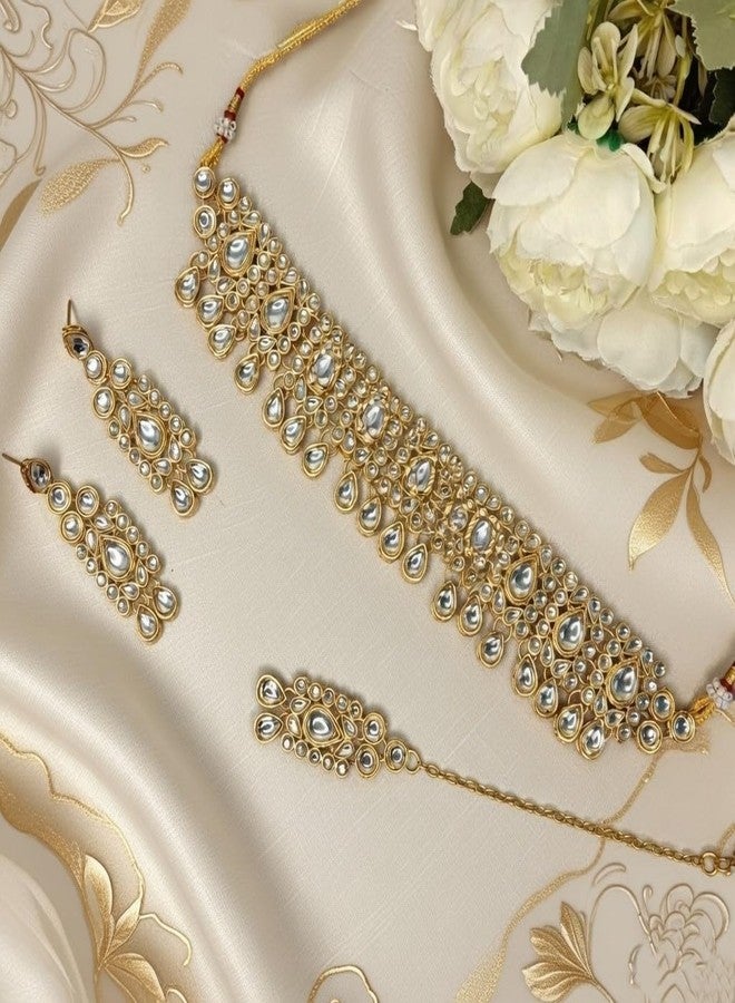 Efulgenz Kundan Set Indian Jewelry Sets for Women Bollywood Jewelry Kundan Choker Necklace Dangle Earrings Maang Tikka Head Chain Wedding Bridal Jewelry for Women - Image 4