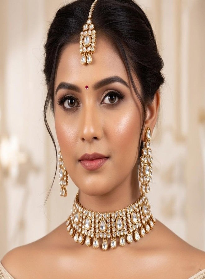 Efulgenz Kundan Set Indian Jewelry Sets for Women Bollywood Jewelry Kundan Choker Necklace Dangle Earrings Maang Tikka Head Chain Wedding Bridal Jewelry for Women - Image 3