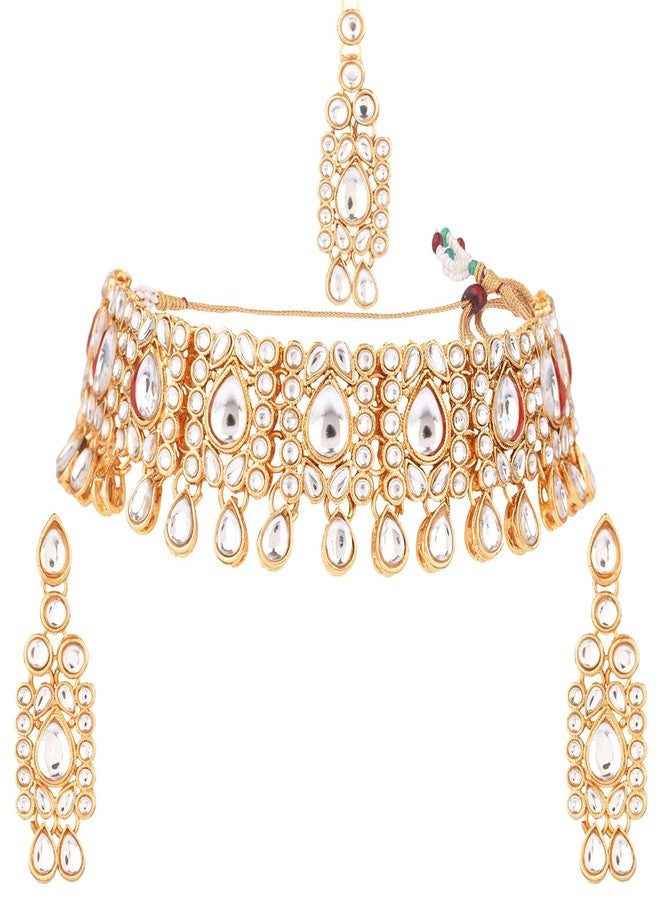 Efulgenz Kundan Set Indian Jewelry Sets for Women Bollywood Jewelry Kundan Choker Necklace Dangle Earrings Maang Tikka Head Chain Wedding Bridal Jewelry for Women - Image 1